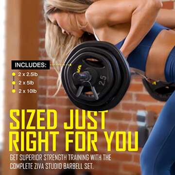 ZIVA RPU Adjustable Studio Barbell Weight Set - 6 RPU Weight Discs, 2-pc Knurled Barbell (1.18"D), 2 x Collars | Bar Fits 1.25" Plates Only | 40 pounds