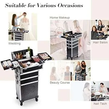 Stagiant Rolling Makeup Train Case Large Storage Cosmetic Trolley 4 in 1 Large Capacity Trolley Makeup Travel Case with Key Swivel Wheels Salon Barber Case Traveling Cart Trunk - Black