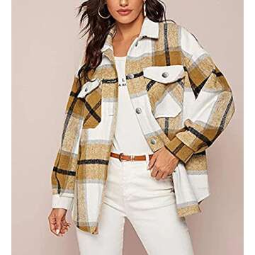 Lviefent Womens Casual Wool Blend Plaid Flannel Shackets Jacket Button Down Shirt Coat (Khaki, Large...