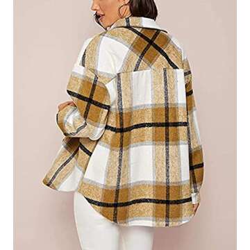 Lviefent Womens Casual Wool Blend Plaid Flannel Shackets Jacket Button Down Shirt Coat (Khaki, Large)