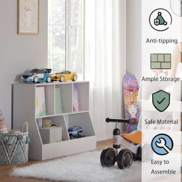 DINZI LVJ Toy Storage Organizer，Kids Bookshelf，Wood Toy Storage Cabinet，5 Cubby Children Bookcase，Toddler Book Toy Shelf Playroom，Bedroom，Nursery，Hallway，School，35.4'' Long，White (M02WG01BS01)