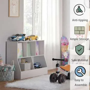 DINZI LVJ Toy Storage Organizer，Kids Bookshelf，Wood Toy Storage Cabinet，5 Cubby Children Bookcase，Toddler Book Toy Shelf Playroom，Bedroom，Nursery，Hallway，School，35.4'' Long，White (M02WG01BS01)