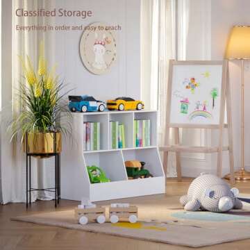 DINZI LVJ Toy Storage Organizer，Kids Bookshelf，Wood Toy Storage Cabinet，5 Cubby Children Bookcase，Toddler Book Toy Shelf Playroom，Bedroom，Nursery，Hallway，School，35.4'' Long，White (M02WG01BS01)