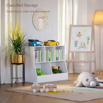 DINZI LVJ Toy Storage Organizer，Kids Bookshelf，Wood Toy Storage Cabinet，5 Cubby Children Bookcase，Toddler Book Toy Shelf Playroom，Bedroom，Nursery，Hallway，School，35.4'' Long，White (M02WG01BS01)