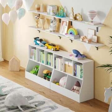 DINZI LVJ Toy Storage Organizer，Kids Bookshelf，Wood Toy Storage Cabinet，5 Cubby Children Bookcase，Toddler Book Toy Shelf Playroom，Bedroom，Nursery，Hallway，School，35.4'' Long，White (M02WG01BS01)