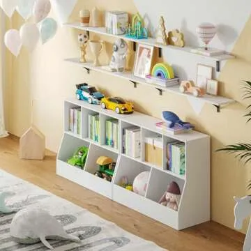 DINZI LVJ Toy Storage Organizer，Kids Bookshelf，Wood Toy Storage Cabinet，5 Cubby Children Bookcase，Toddler Book Toy Shelf Playroom，Bedroom，Nursery，Hallway，School，35.4'' Long，White (M02WG01BS01)