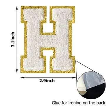 Zogify Iron on Letter Patches A-Z Gold Glitters & White Chenill,Varsity Initial Patches,Adhesive Sticker Letter Patch for Team Costume Decoration 3.1in Height Repair Patches（White A-Z）