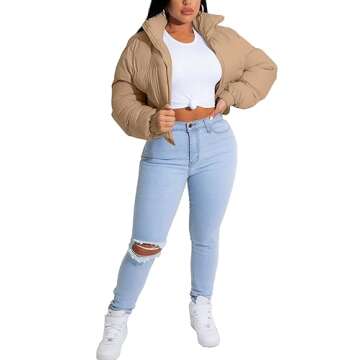 Alunzoem Women Winter Coats Long Sleeve Solid Color Full Zip Padded Warm Quilted Puffer Jackets Khaki M