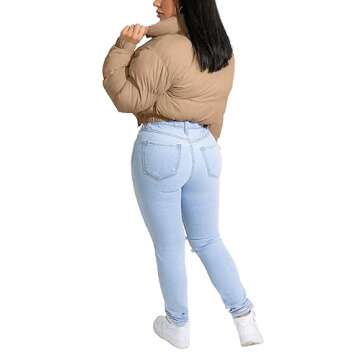 Alunzoem Women Winter Coats Long Sleeve Solid Color Full Zip Padded Warm Quilted Puffer Jackets Khaki M