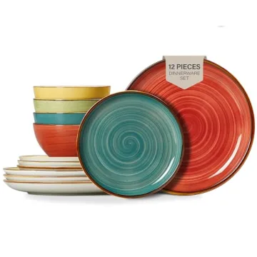 ONEMORE Plates and Bowls Set - Microwavable, Oven & Dishwasher Safe Porcelain Dinnerware Set - Scrat...