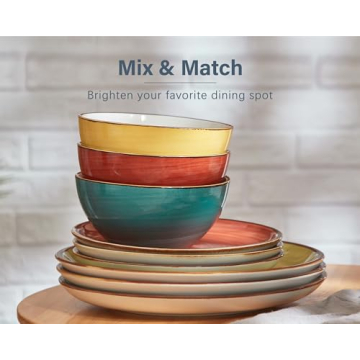 ONEMORE Plates and Bowls Set - Microwavable, Oven & Dishwasher Safe Porcelain Dinnerware Set - Scratch Resistant, Ceramic Dish Set for 4(12pcs) - Assorted Colors