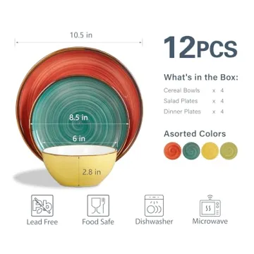 ONEMORE Plates and Bowls Set - Microwavable, Oven & Dishwasher Safe Porcelain Dinnerware Set - Scratch Resistant, Ceramic Dish Set for 4(12pcs) - Assorted Colors