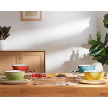 ONEMORE Plates and Bowls Set - Microwavable, Oven & Dishwasher Safe Porcelain Dinnerware Set - Scratch Resistant, Ceramic Dish Set for 4(12pcs) - Assorted Colors