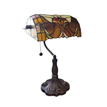 Tiffany Style Table Lamp Banker Floral 13" Tall Stained Glass Tan Brown Red Vintage Antique Light D?...