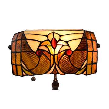Tiffany Style Table Lamp Banker Floral 13" Tall Stained Glass Tan Brown Red Vintage Antique Light Décor Night Stand Living Room Bedroom Handmade Gift AM339TL10 Amora Lighting