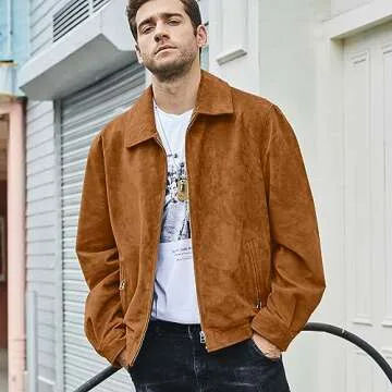 FLAVOR Men's Suede Leather Bomber Jacket Casual Coat for Men (Large, Brown)