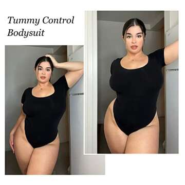SHAPERX Seamless Short Sleeve Bodysuit for Women Tummy Control Shapewear Thong Sculpting Body Shaper,SZ5253-Black-S/M