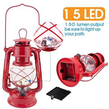 Vintage LED Hurricane Lantern, Warm White Battery Operated Lantern, Antique Metal Hanging Lantern with Dimmer Switch, 15 LEDs, 150 Lumen for Indoor or Outdoor Usage (Red)