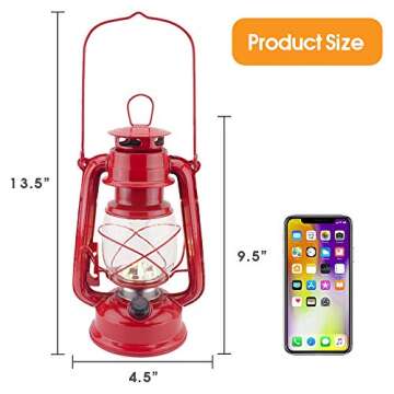 Vintage LED Hurricane Lantern, Warm White Battery Operated Lantern, Antique Metal Hanging Lantern with Dimmer Switch, 15 LEDs, 150 Lumen for Indoor or Outdoor Usage (Red)