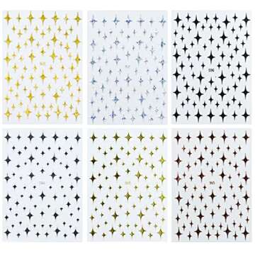 Stars Nail Art Stickers Decals 6Sheets Nail Art Supplies 3D Self-Adhesive Nail Art Decoration Stars Holographic Laser Design Nail Art Accessories Women and Girls DIY Acrylic Nail Art