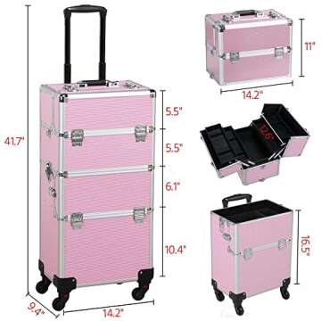 Yaheetech Rolling Makeup Train Case 3 in 1 Cosmetic Makeup Case Large Aluminum Trolley Makeup Travel Case Professional Rolling Cosmetic Beauty Storage, with 360° Swivel Wheels, Pink