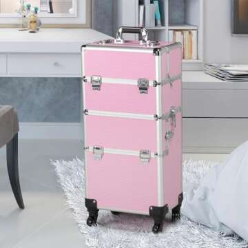 Yaheetech Rolling Makeup Train Case 3 in 1 Cosmetic Makeup Case Large Aluminum Trolley Makeup Travel Case Professional Rolling Cosmetic Beauty Storage, with 360° Swivel Wheels, Pink