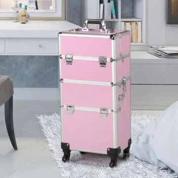 Yaheetech Rolling Makeup Train Case 3 in 1 Cosmetic Makeup Case Large Aluminum Trolley Makeup Travel Case Professional Rolling Cosmetic Beauty Storage, with 360° Swivel Wheels, Pink
