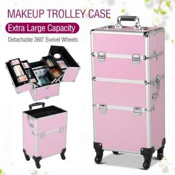 Yaheetech Rolling Makeup Train Case 3 in 1 Cosmetic Makeup Case Large Aluminum Trolley Makeup Travel Case Professional Rolling Cosmetic Beauty Storage, with 360° Swivel Wheels, Pink