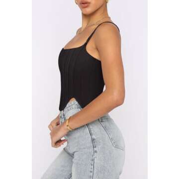 REORIA Women's Summer Sexy Square Neck Adjustable Corset Tank Top - Medium Black