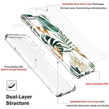 Design for iPhone 11 Case, [Built-in Screen Protector] Flower Full Body Shockproof Dual Layer High Impact Protective Hybrid Hard Plastic & Soft TPU Cover Case for iPhone 11 6.1",White/Green Flower