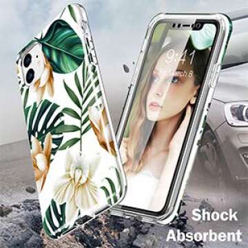 Design for iPhone 11 Case, [Built-in Screen Protector] Flower Full Body Shockproof Dual Layer High Impact Protective Hybrid Hard Plastic & Soft TPU Cover Case for iPhone 11 6.1",White/Green Flower