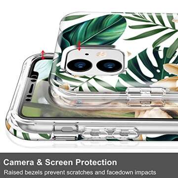 Design for iPhone 11 Case, [Built-in Screen Protector] Flower Full Body Shockproof Dual Layer High Impact Protective Hybrid Hard Plastic & Soft TPU Cover Case for iPhone 11 6.1",White/Green Flower