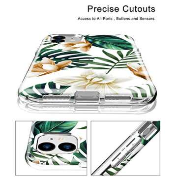 Design for iPhone 11 Case, [Built-in Screen Protector] Flower Full Body Shockproof Dual Layer High Impact Protective Hybrid Hard Plastic & Soft TPU Cover Case for iPhone 11 6.1",White/Green Flower