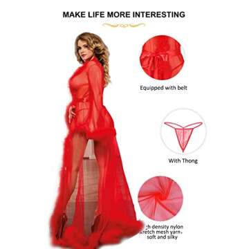 ohyeah Feather Bridal Robe for Wedding Plus Size Santa Valentines Lingerie Robe with Fur Trim Red Tulle Robe Maternity Dress Sexy Sheer Lace Robe XL-2XL