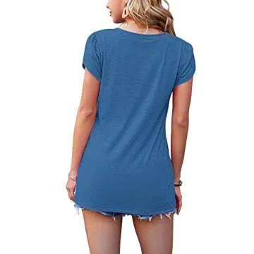 WNEEDU Petal Sleeve V Neck Tee for Women - Lake Blue, XL