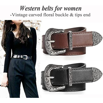 INOGIH Vintage Western Leather Belt with Flower Buckle