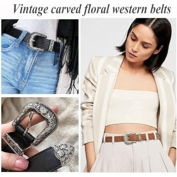 INOGIH Vintage Western Leather Belt with Flower Buckle