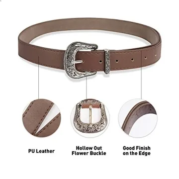 INOGIH Vintage Western Leather Belt with Flower Buckle