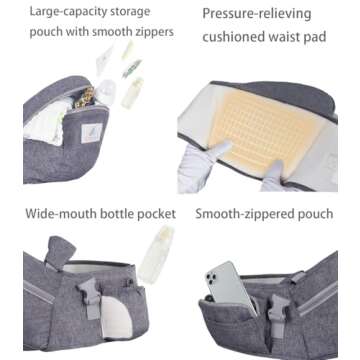 Baby Hip Seat Carrier Baby Waist Stool for Child Infant Toddler with Adjustable Strap Buckle Pocket Soft Inner Huge Storage (Dark Grey)