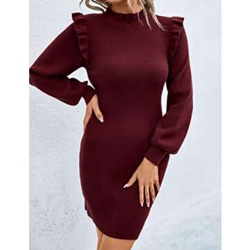 Blooming Jelly Womens Mini Sweater Dress Mock Neck Ruffle Long Puff Sleeve Ribbed Holiday Bodycon Dr...