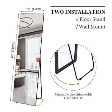 Vlsrka 63" x 18" Full Length Mirror Floor Standing Mirror, Full Body Mirror Wall Mirror, Stand Up Mirror, Large Long Mirror Big Tall Mirror, Full Size Mirror for Bedroom Living Room (Black)