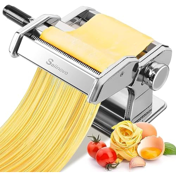 Sailnovo Pasta Maker Machine, 180 Roller Pasta Maker, 9 Adjustable Thickness Settings 2-in-1 Noodles Maker with Rollers and Cutter, Perfect for Spaghetti, Fettuccini, Lasagna or Dumpling Skin Silver