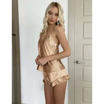 Ekouaer Satin Pajama Set for Women Silk Pjs for Women Set Camisole Top and Shorts with Ruffle Sleepwear Beige