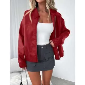 PRETTYGARDEN Women's Faux Leather Jackets 2025 Spring Bomber Jacket Zip Up Motorcycle Coats Long Sleeve Winter Clothes(Dark Red,Medium)