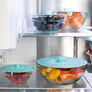 Silicone Lids Extra Large Teal Set of 6 Sturdy Suction Seal Covers. Universal fit for Pots, Fry Pans, Cups, and Bowls 5" to 12". Natural grip handles interlock for easy use and storage. Food Safe.