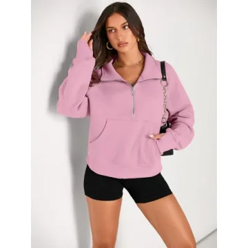 AUTOMET Womens Sweatshirts Half Zip Cropped Pullover Fleece Quarter Zipper Hoodies 2025 Fall Fashion Outfits Clothes LightPink Large