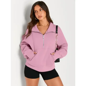 AUTOMET Womens Sweatshirts Half Zip Cropped Pullover Fleece Quarter Zipper Hoodies 2025 Fall Fashion Outfits Clothes LightPink Large