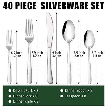 Terlulu 40 Piece Silverware Set for 8, Stainless Steel Flatware Set, Cutlery Set Utensils Include Fo...