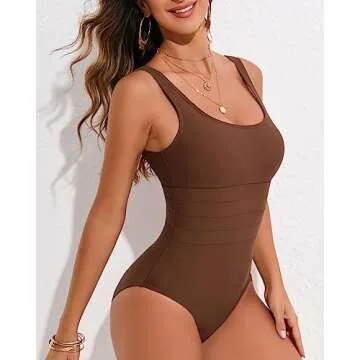 Cromi One Piece Bathing Suit for Women Tummy Control Swimsuit Scoop Neck Square Back Monokini Brown S