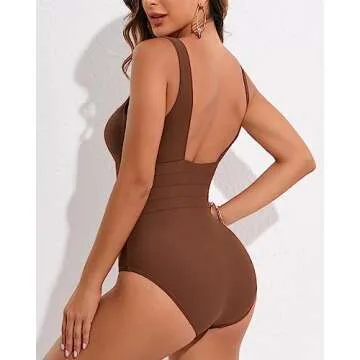 Cromi One Piece Bathing Suit for Women Tummy Control Swimsuit Scoop Neck Square Back Monokini Brown S